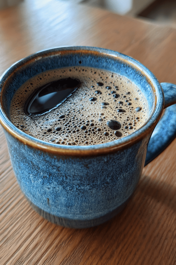 coffee loophole recipe in ceramic mug, with cinnamon stick and ACV bottle beside it