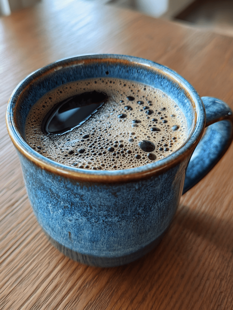 coffee loophole recipe in ceramic mug, with cinnamon stick and ACV bottle beside it