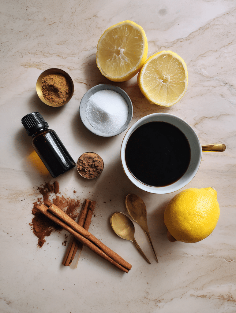 coffee loophole recipe ingredients - coffee, MCT oil, cinnamon, ACV, lemon, collagen
