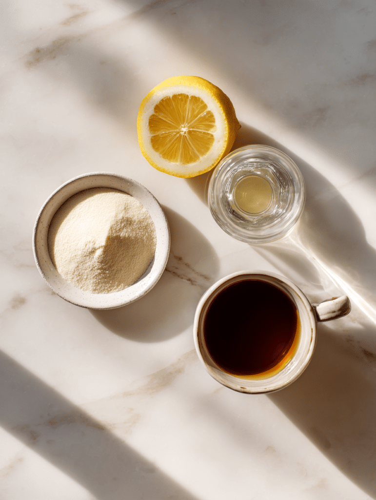 Dr Mark Hyman gelatin recipe ingredients with gelatin powder, lemon, and vinegar