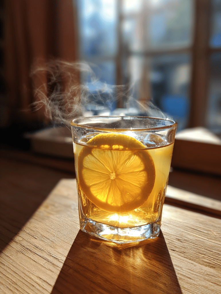 Gelatin trick recipe drink in glass mug with lemon and steam rising