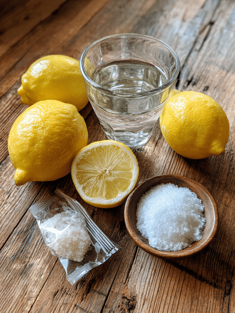 Gelatin trick recipe ingredients flat lay with lemon and gelatin