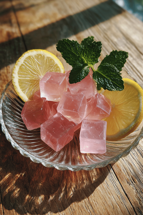 gelatin weight loss recipe in pink cubes on wooden table