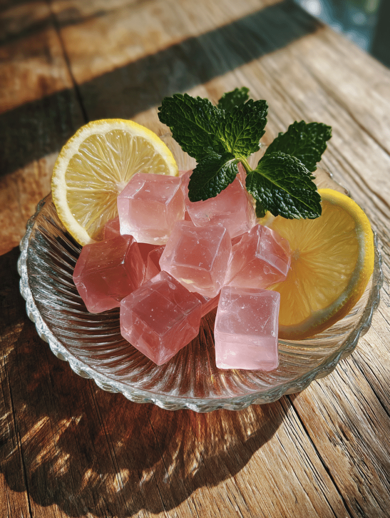 gelatin weight loss recipe in pink cubes on wooden table