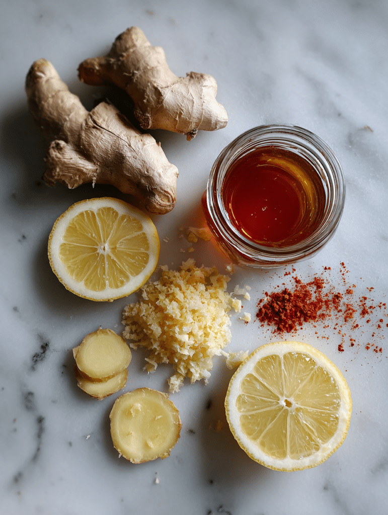 Ginger Trick Recipe 3 Ginger trick recipe ingredients on marble counter with honey and lemon