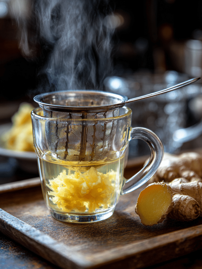 Ginger Trick Recipe 4 Steeping ginger for ginger trick recipe in glass mug with steam