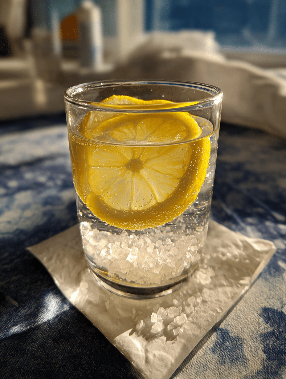 Horse salt trick for men drink on rustic table with Himalayan salt and lemon.