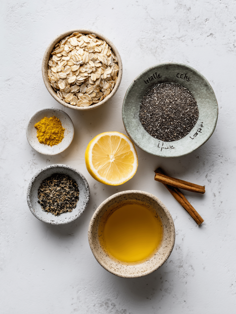 oat trick for weight loss ingredients flat lay chia oats tea