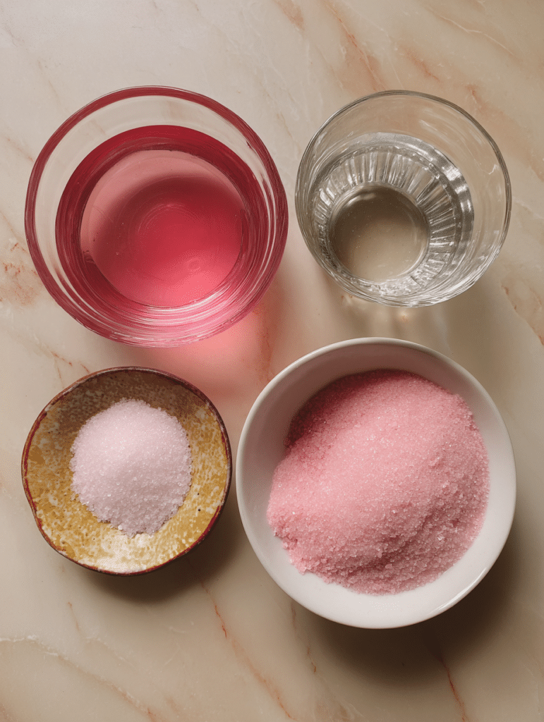 pink gelatin recipe ingredients on kitchen counter