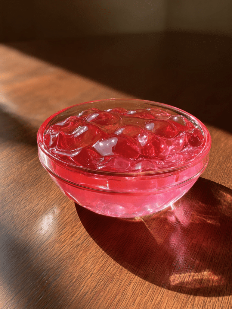 Pink gelatin weight loss recipe in a clear bowl with soft texture on a wooden counter
