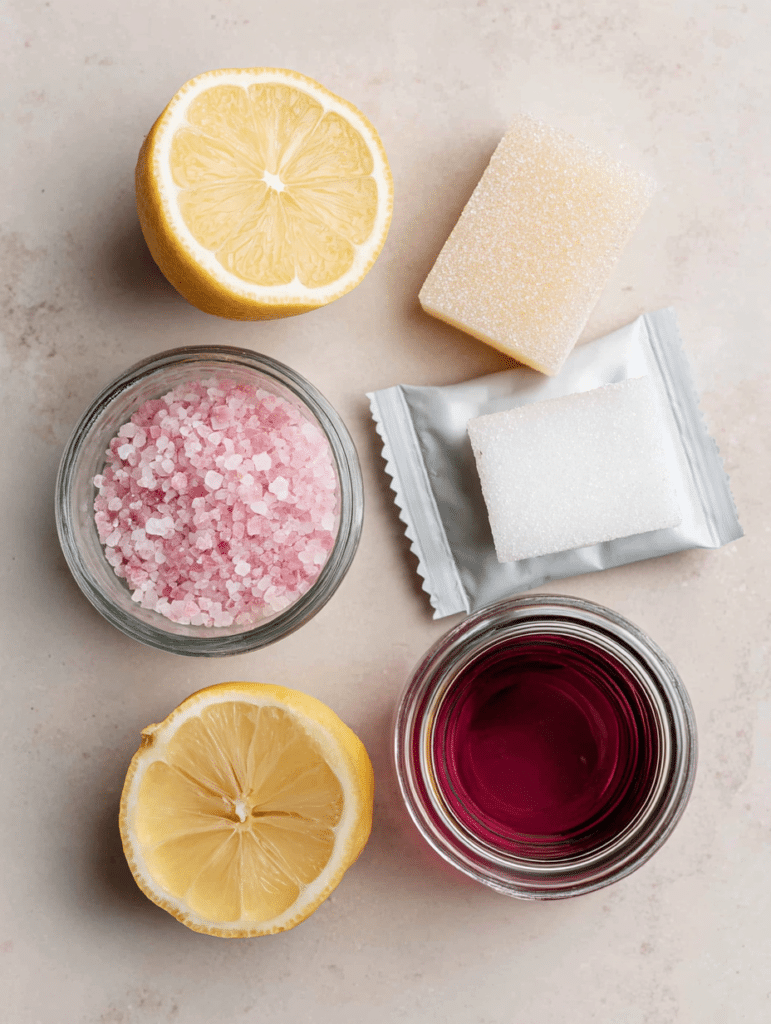 Pink gelatin weight loss recipe ingredients laid out flat on a neutral background