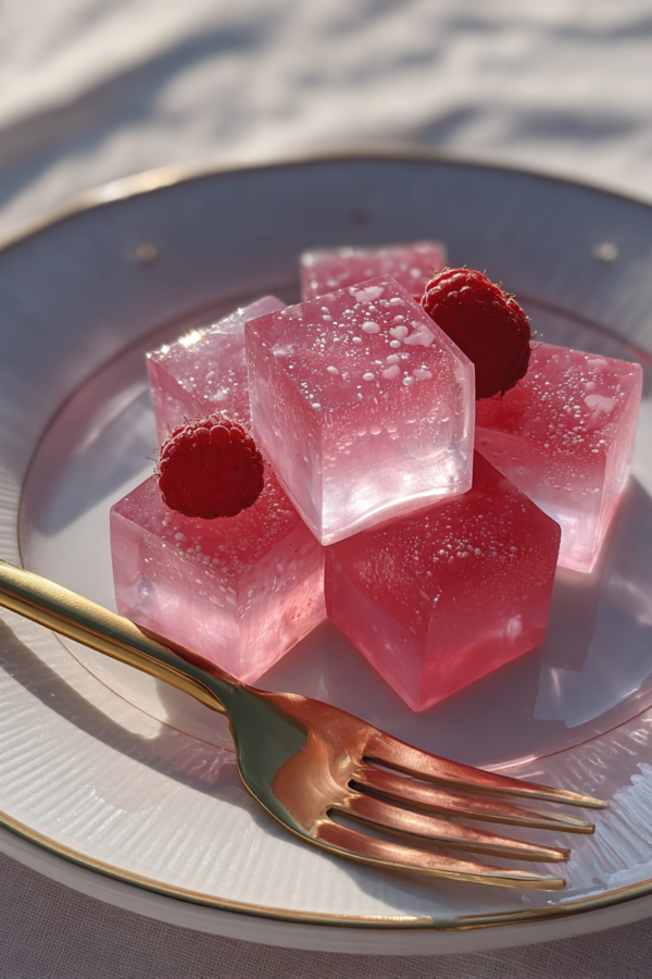 Pink gelatin weight loss recipe cut into cubes with raspberries on a plate