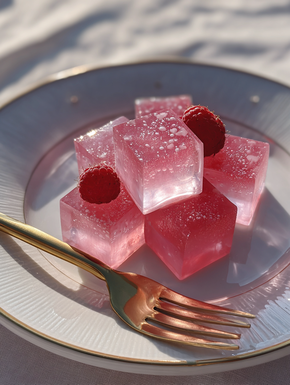 Pink gelatin weight loss recipe cut into cubes with raspberries on a plate