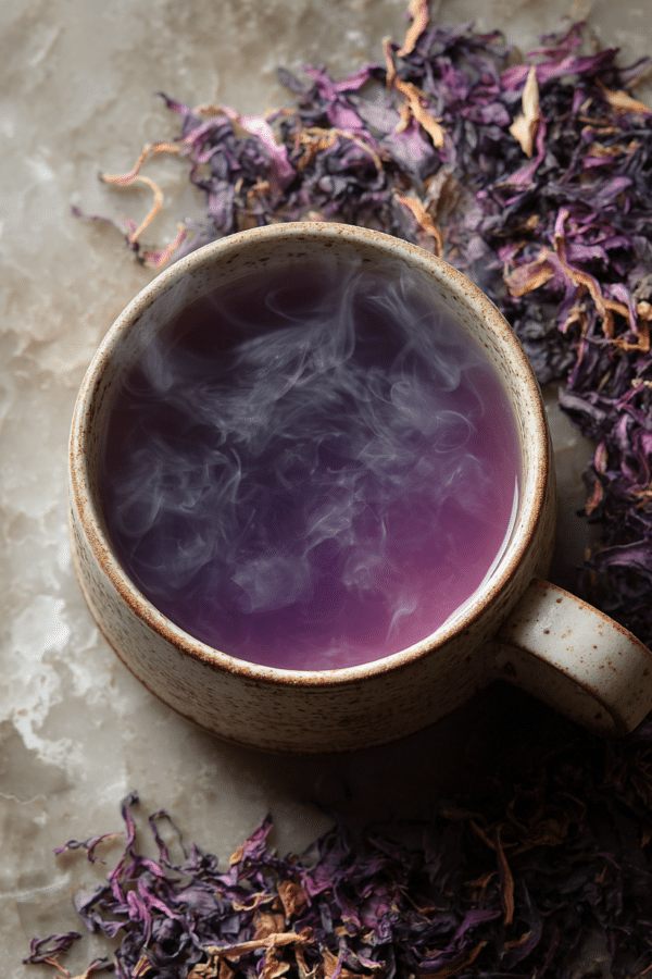 Purple peel weight loss tea in rustic cup with ingredients