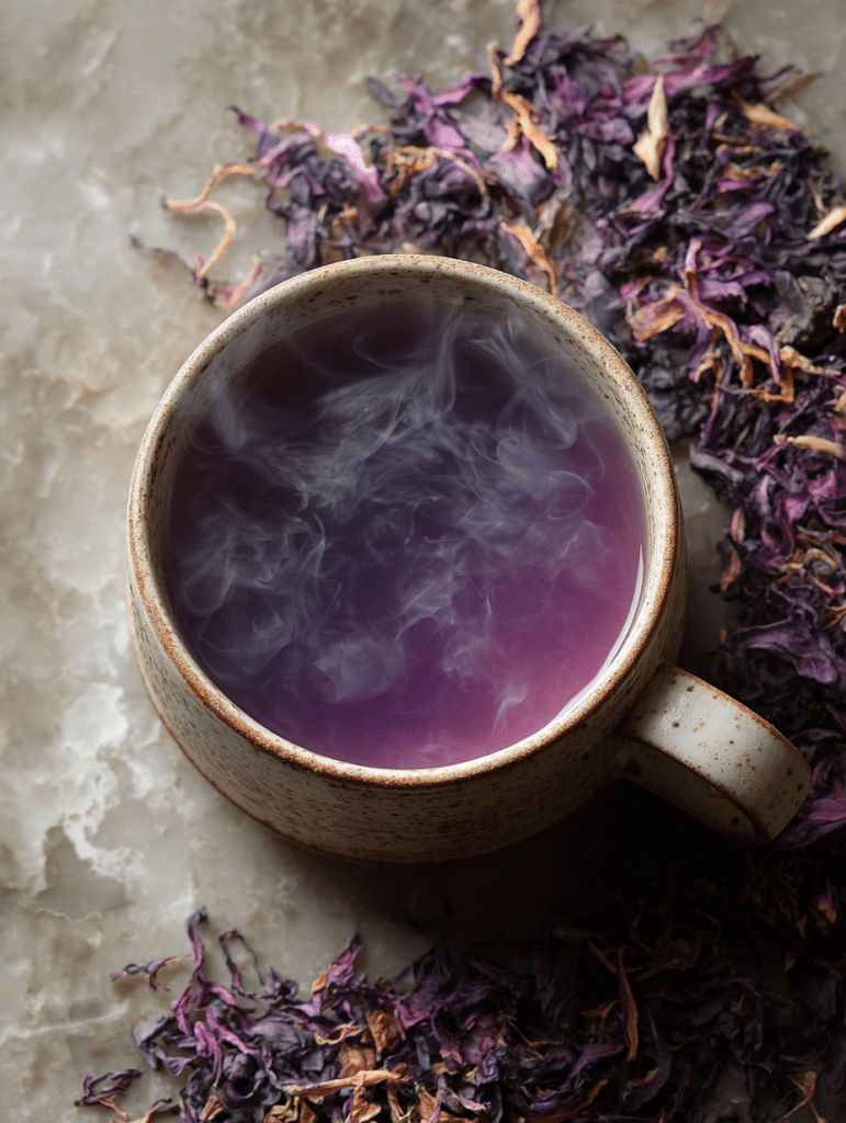 Purple peel weight loss tea in rustic cup with ingredients