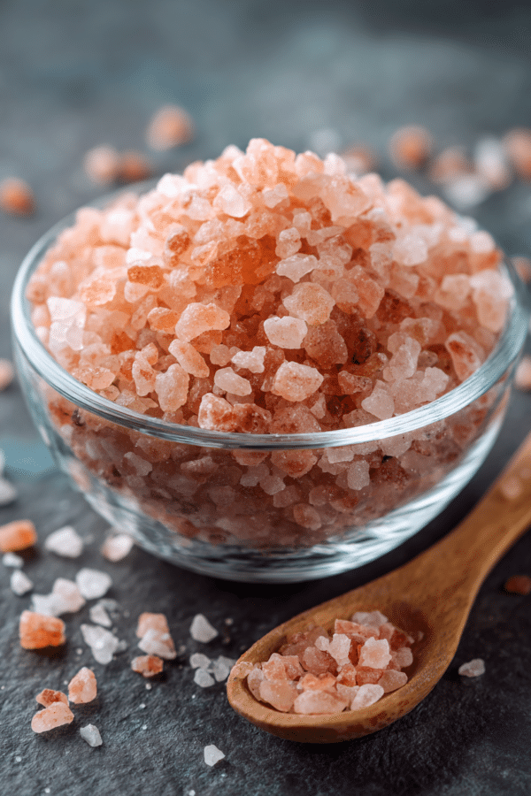 salt trick for men in rustic bowl with coarse pink salt and steam
