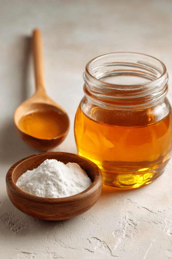 Honey and baking soda trick on a rustic kitchen table