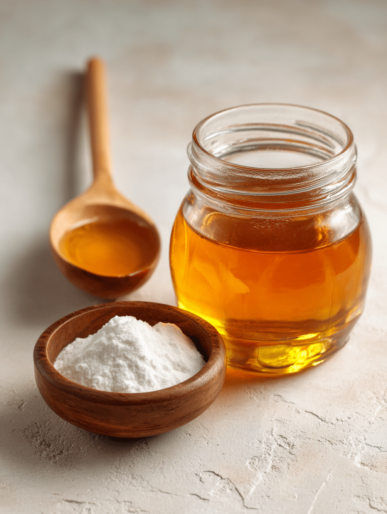 Honey and baking soda trick on a rustic kitchen table