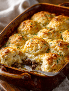 Cheddar bay biscuit casserole baked until golden and fluffy