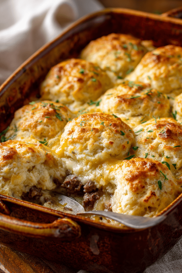 Cheddar bay biscuit casserole baked until golden and fluffy