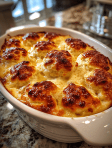 Chicken cobbler casserole with golden biscuit topping in baking dish