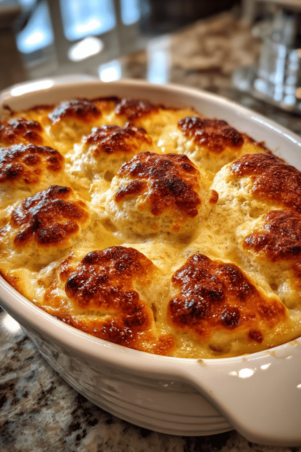 Chicken cobbler casserole with golden biscuit topping in baking dish