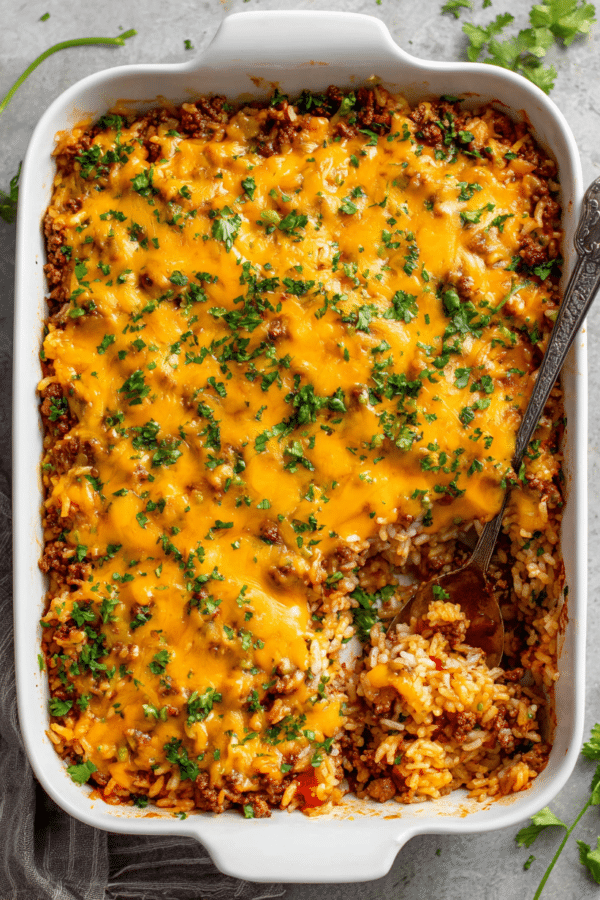 Taco rice casserole with ground beef and melted cheese