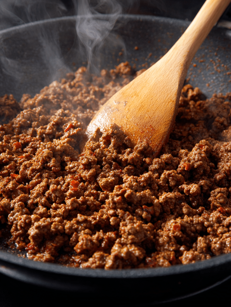 Browning ground beef for taco rice casserole