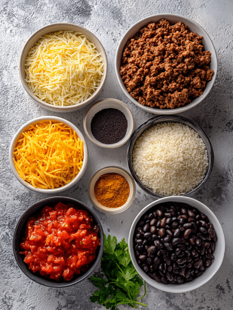 Ingredients for taco rice casserole recipe