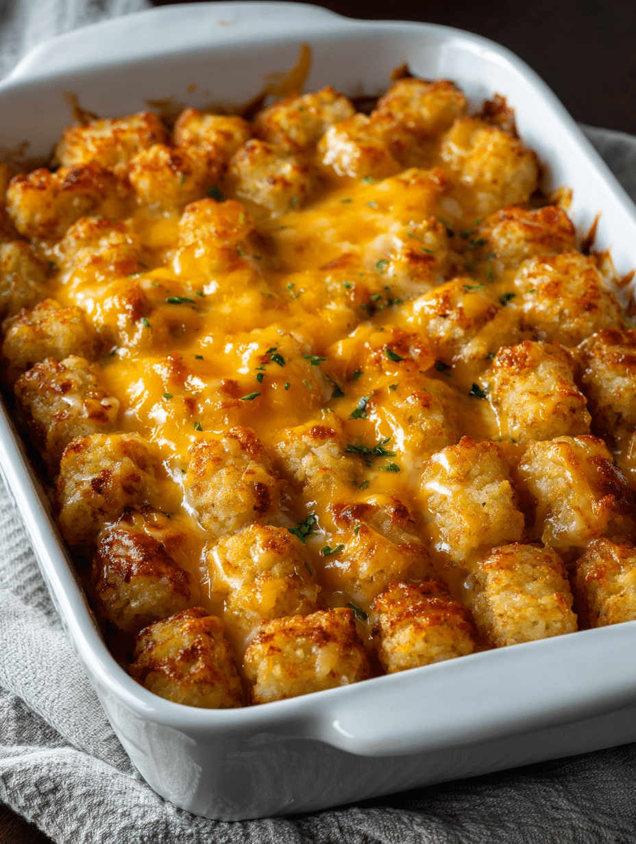 Tater tot casserole with crispy golden tater tots and melted cheddar cheese