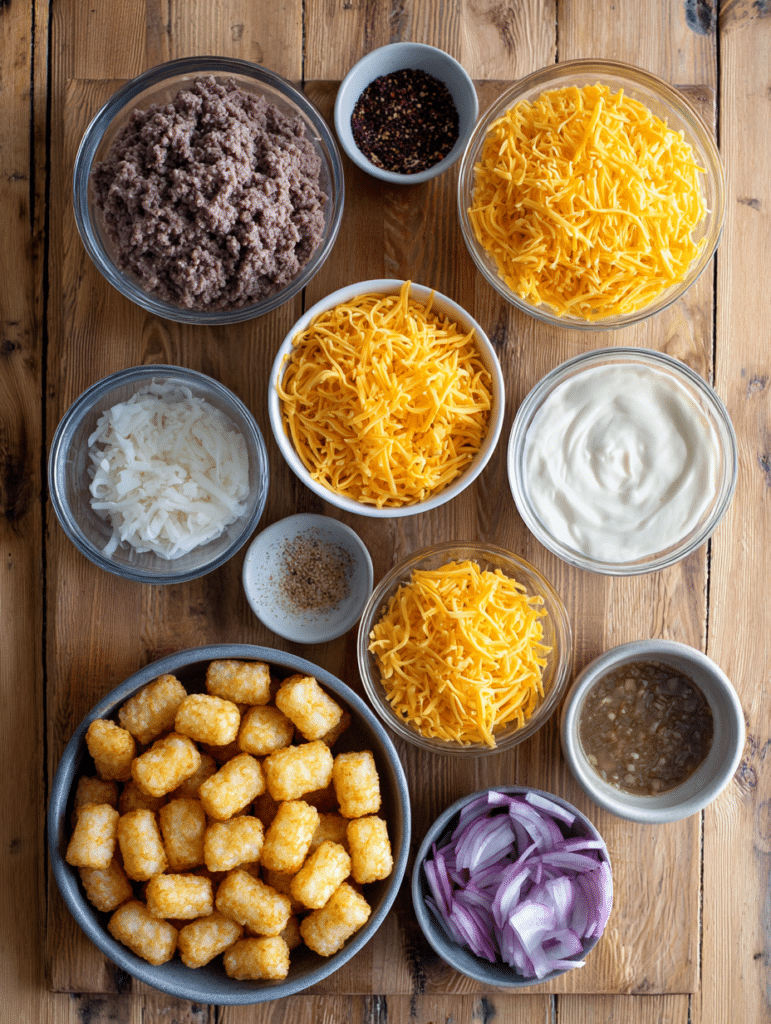 Ingredients for easy tater tot casserole recipe