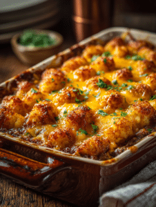 Tater tot casserole with ground beef baked until golden and crispy