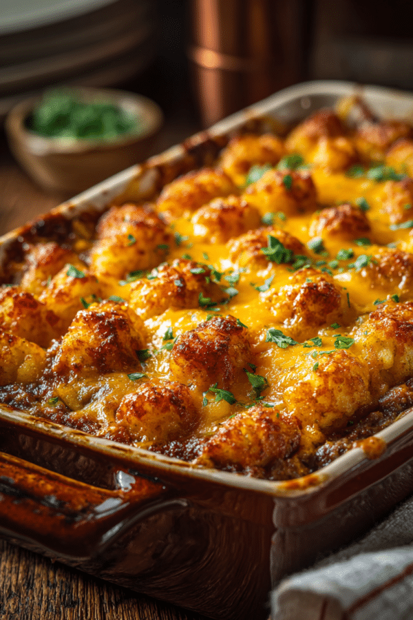 Tater tot casserole with ground beef baked until golden and crispy