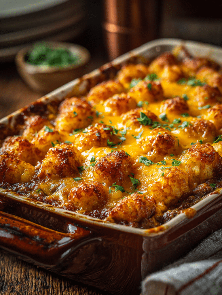 Tater tot casserole with ground beef baked until golden and crispy