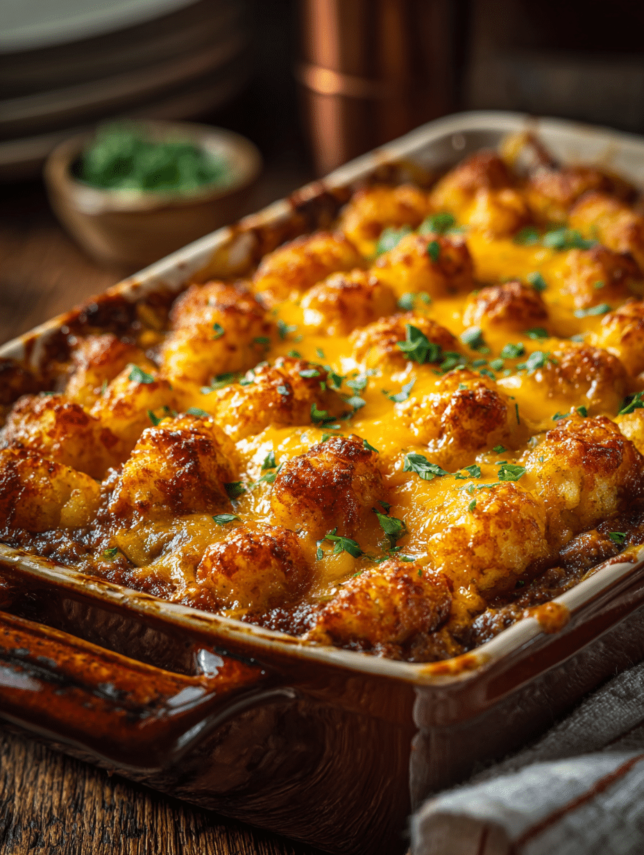 Tater tot casserole with ground beef baked until golden and crispy