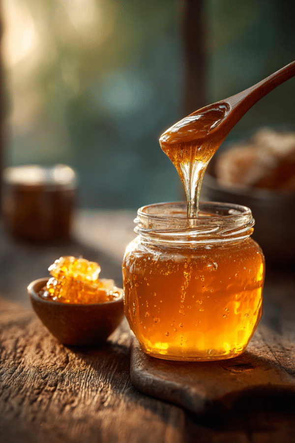 Ben Carson honey recipe with jar of raw honey and spoon