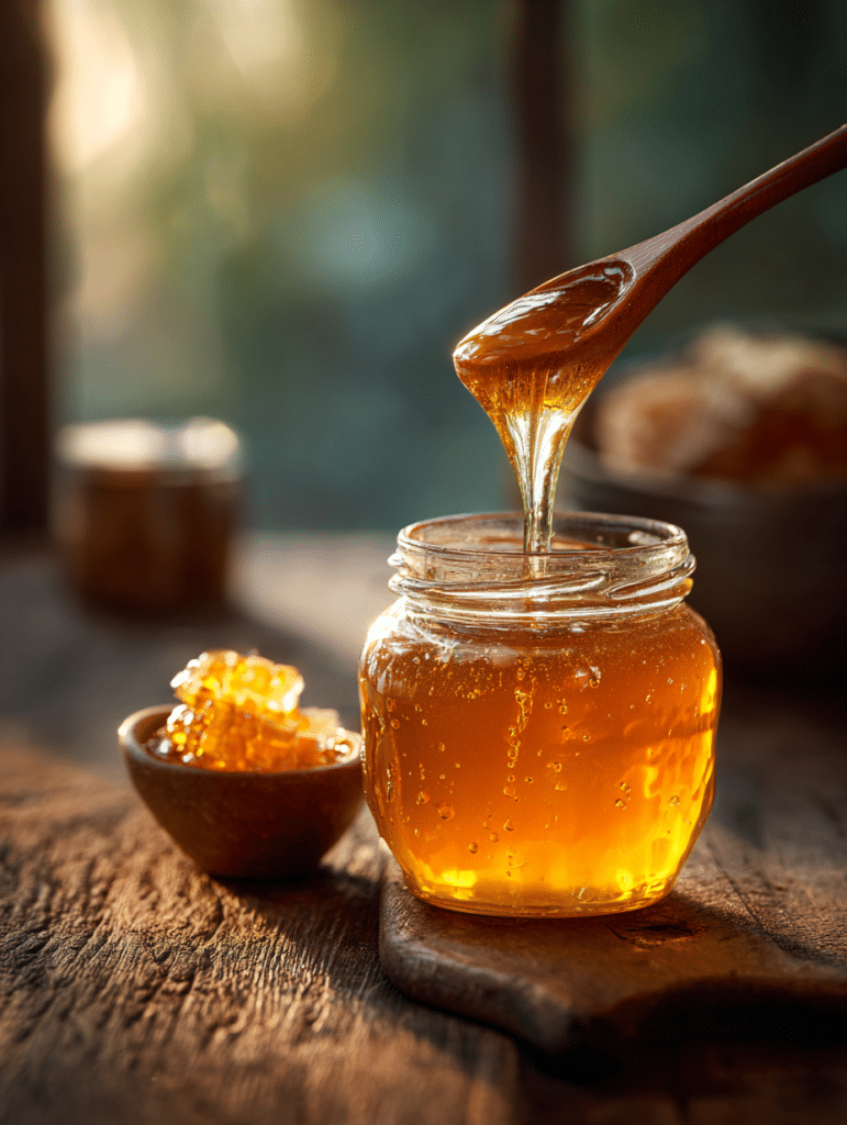Ben Carson honey recipe with jar of raw honey and spoon