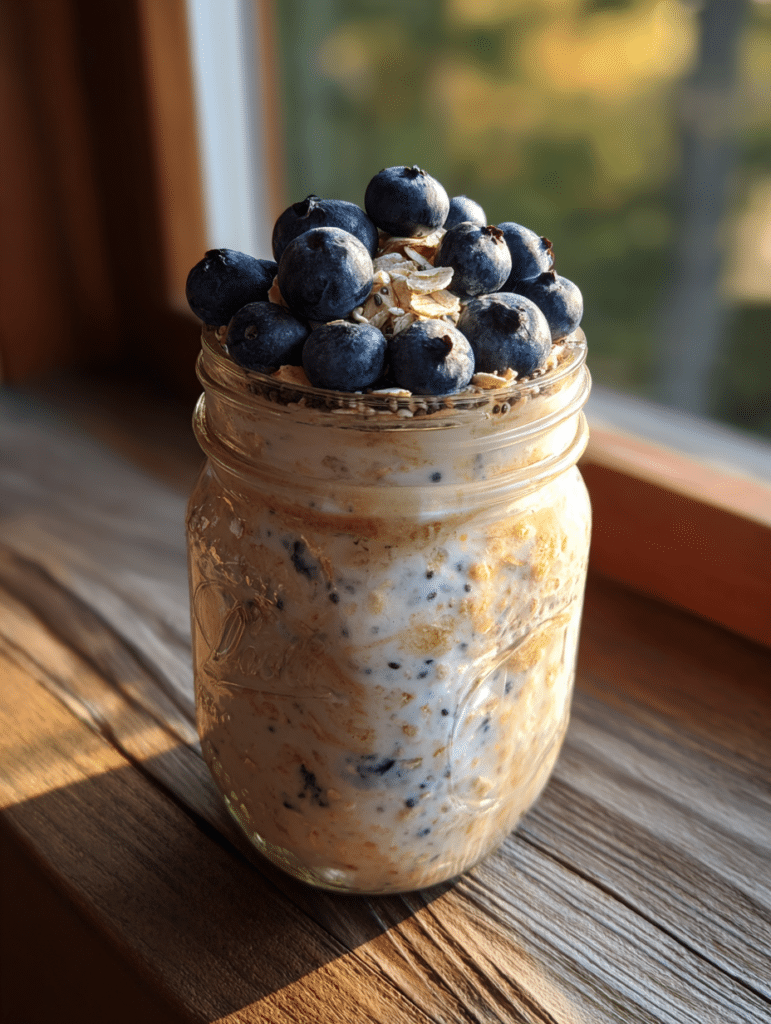 blueberry overnight oats recipe in mason jar
