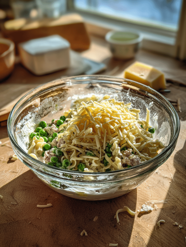 Assembling cheesy tuna noodle casserole before baking