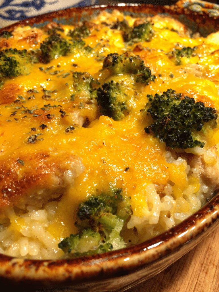 Chicken broccoli rice casserole baked with cheddar cheese and broccoli