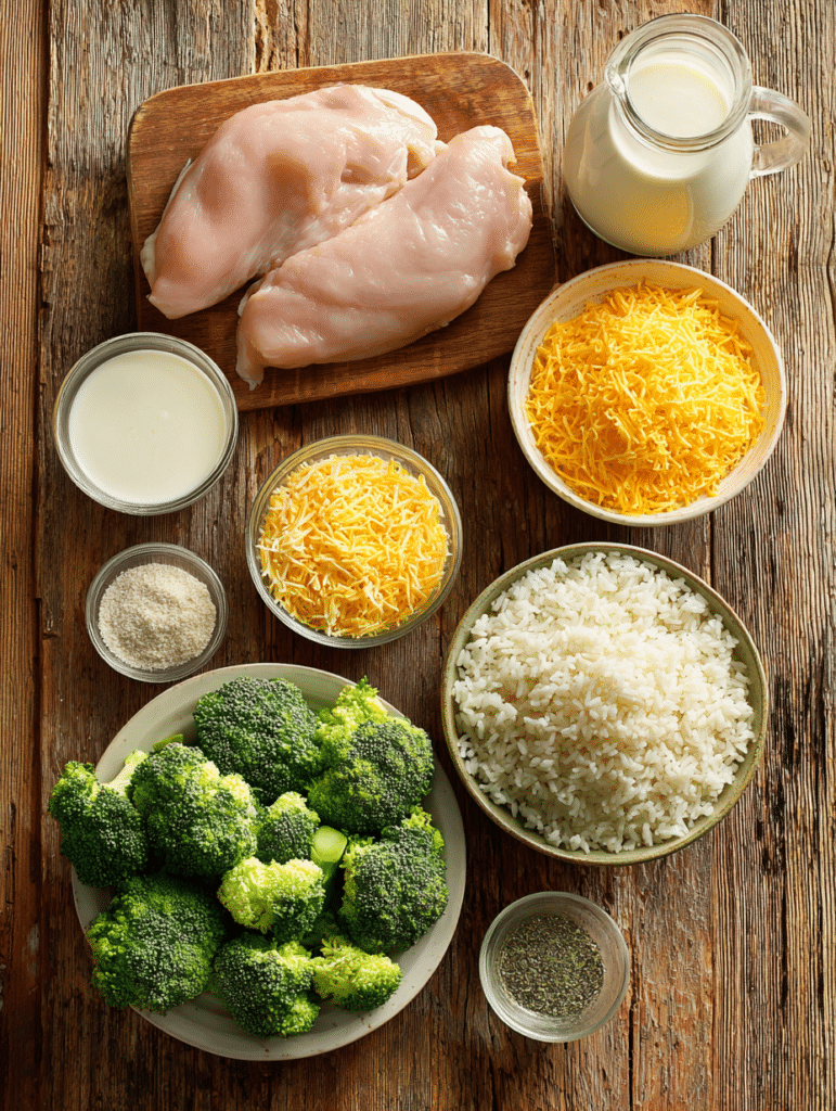 Ingredients for chicken broccoli rice casserole including chicken broccoli rice and cheese