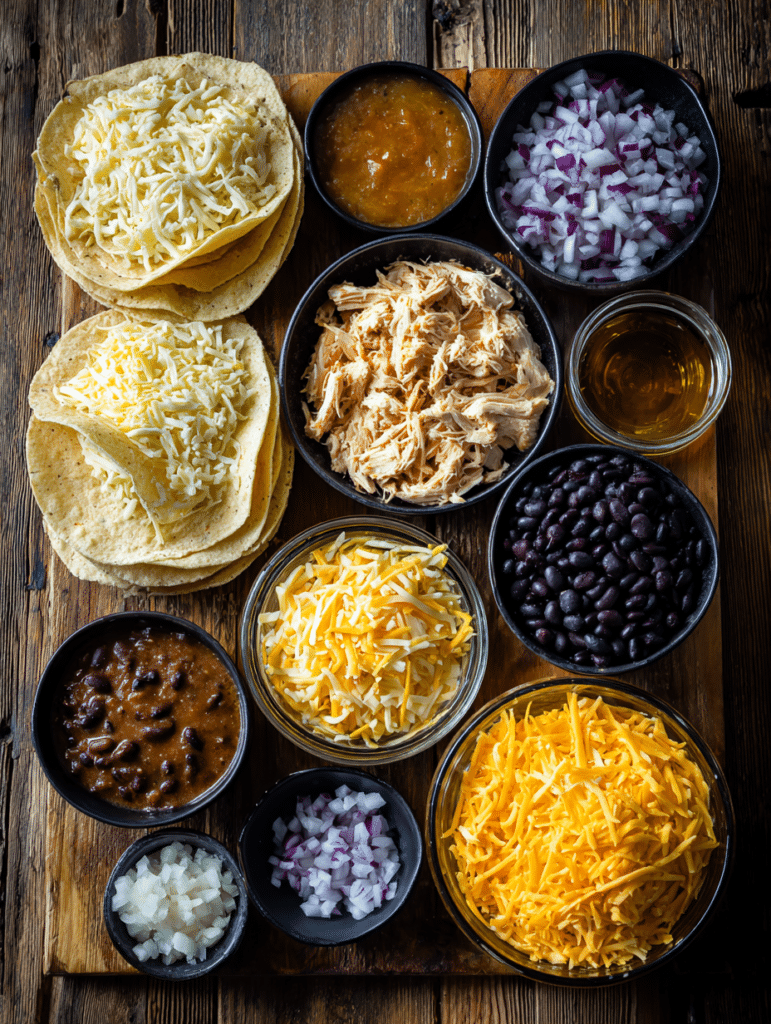ingredients for chicken enchiladas casserole including chicken tortillas sauce and cheese