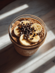 chocolate overnight oats in jar with banana and chocolate chips