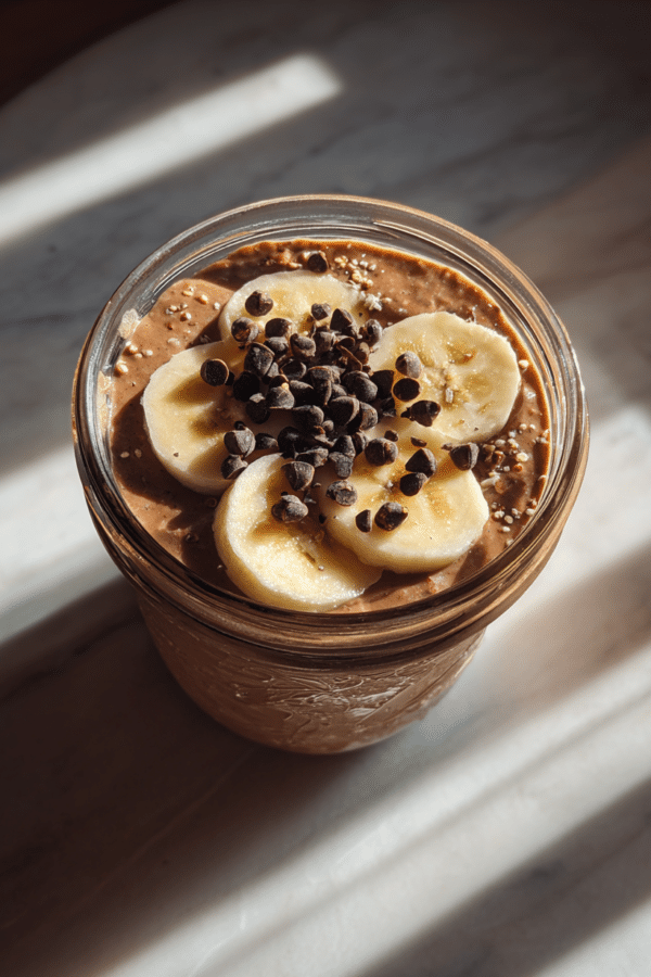 chocolate overnight oats in jar with banana and chocolate chips