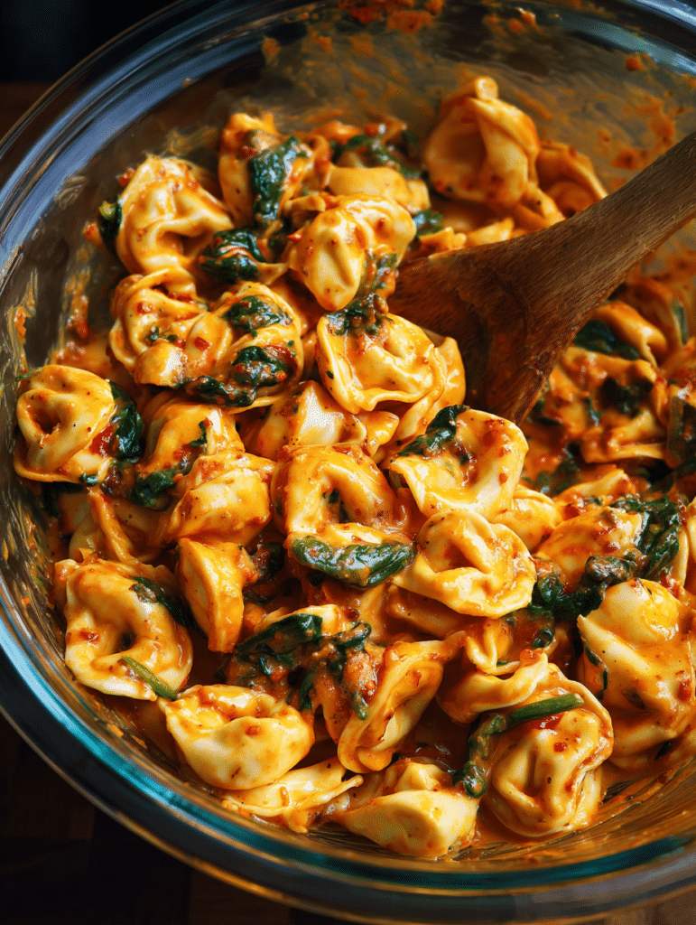 Tortellini Casserole Recipe 4 Mixing tortellini with creamy sauce for tortellini casserole recipe