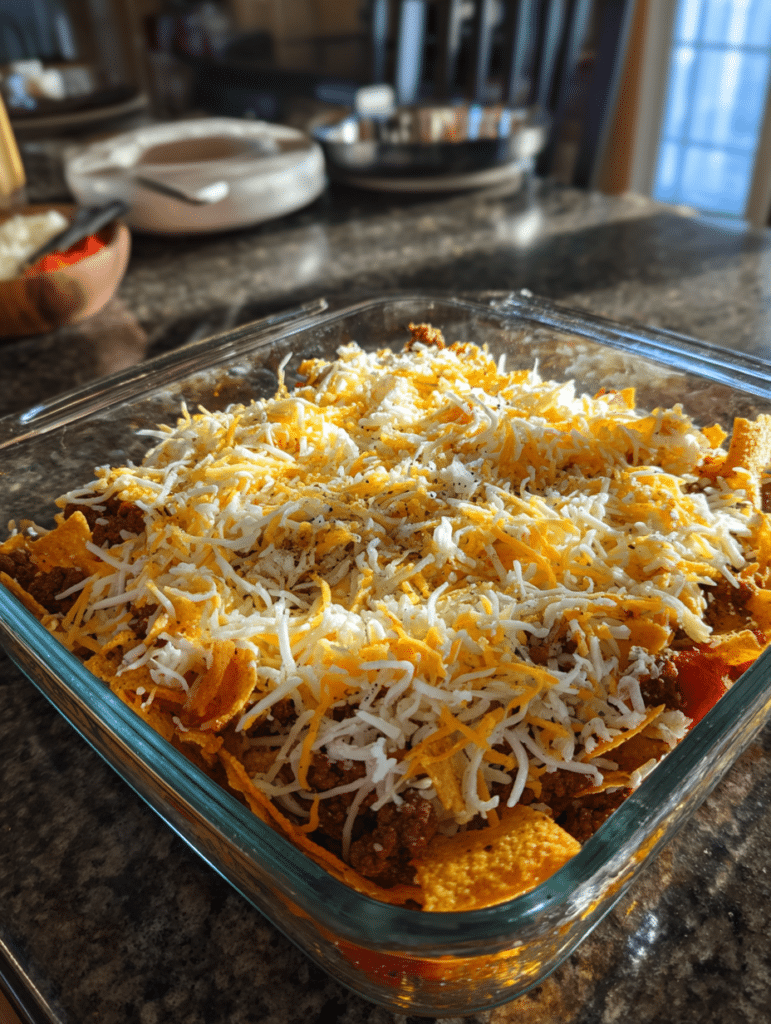layering Doritos chips and beef for Doritos casserole recipe