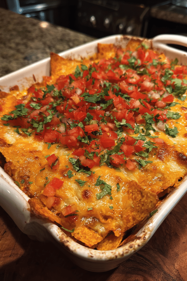 Doritos casserole recipe baked with melted cheese and Doritos chips