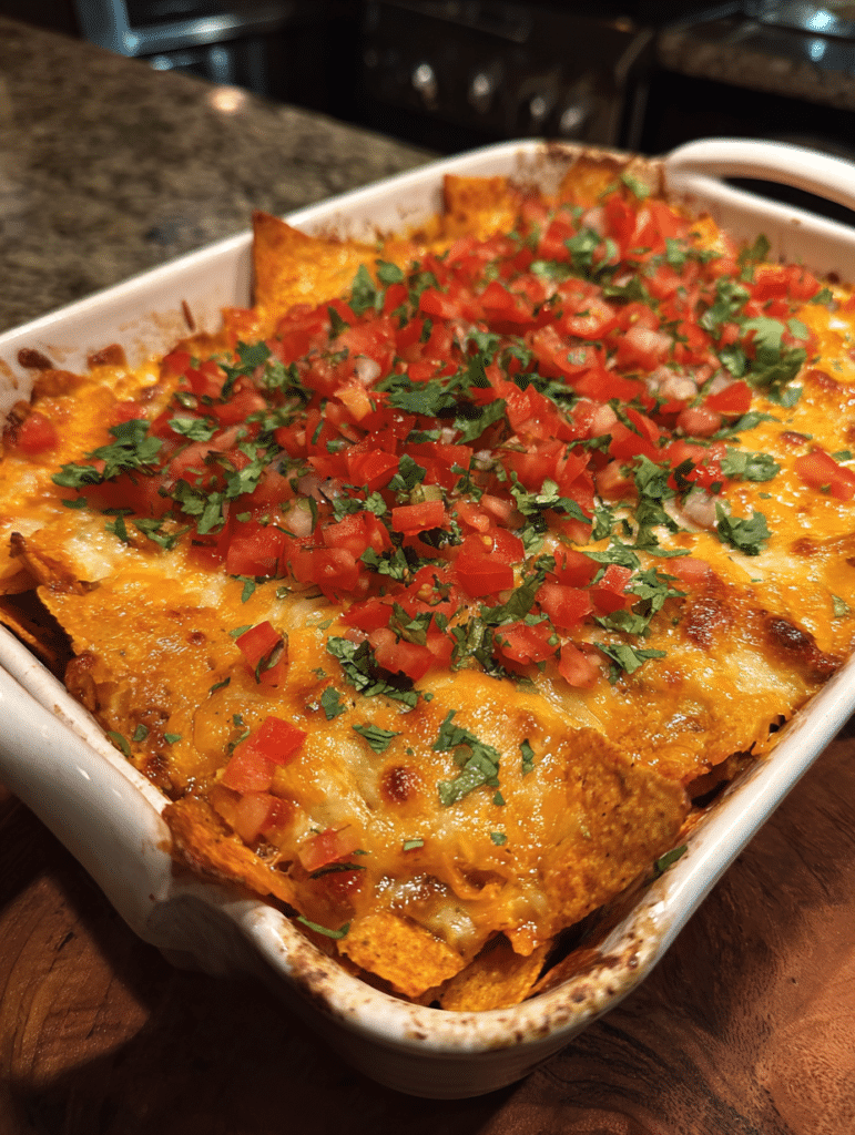 Doritos casserole recipe baked with melted cheese and Doritos chips