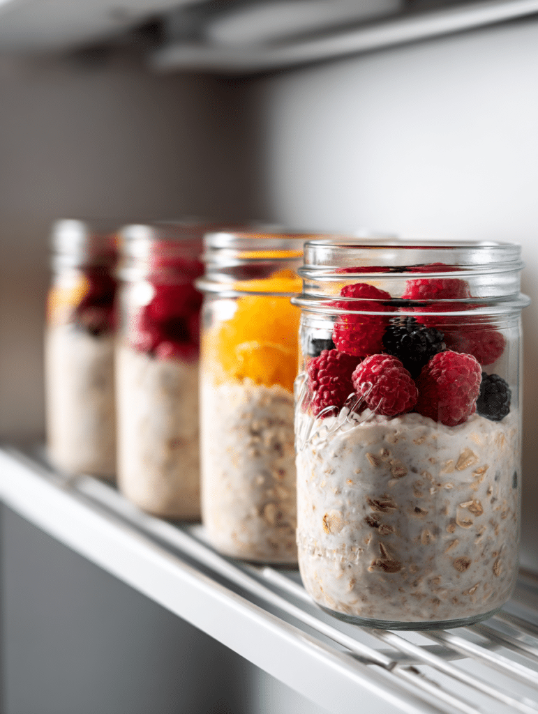 High Protein Overnight Oats 4 high protein overnight oats meal prep jars in fridge