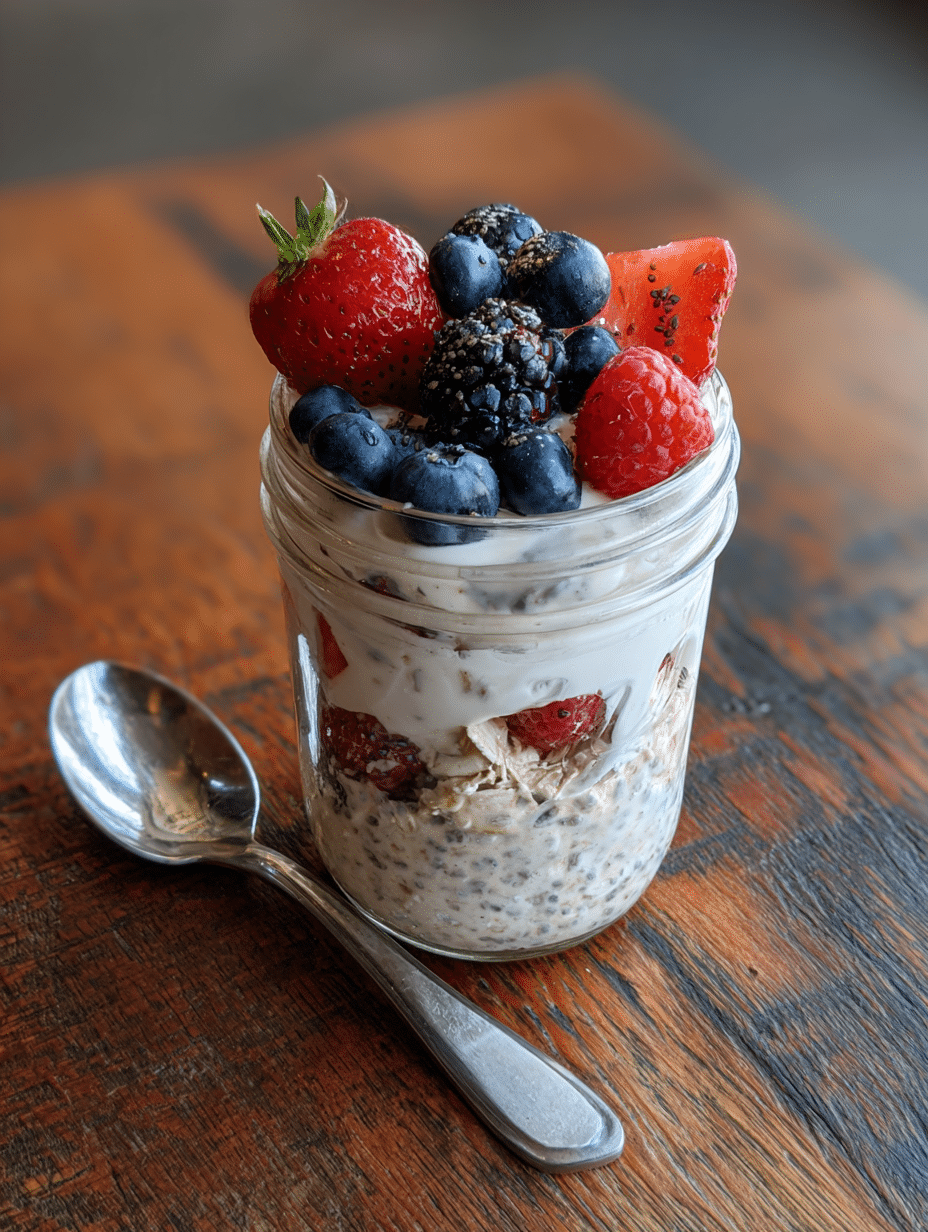 High Protein Overnight Oats 3 high protein overnight oats in jar with yogurt and berries